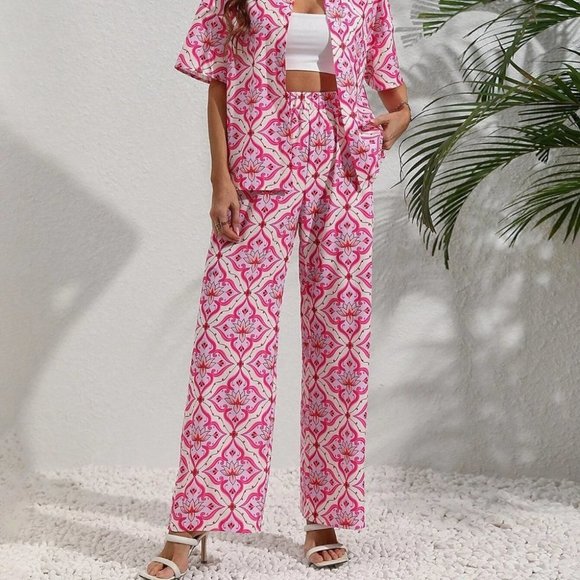 Multicolor Boho Womens  Allover Print Knot Front Shirt & Wide Leg Pants - Picture 4 of 5